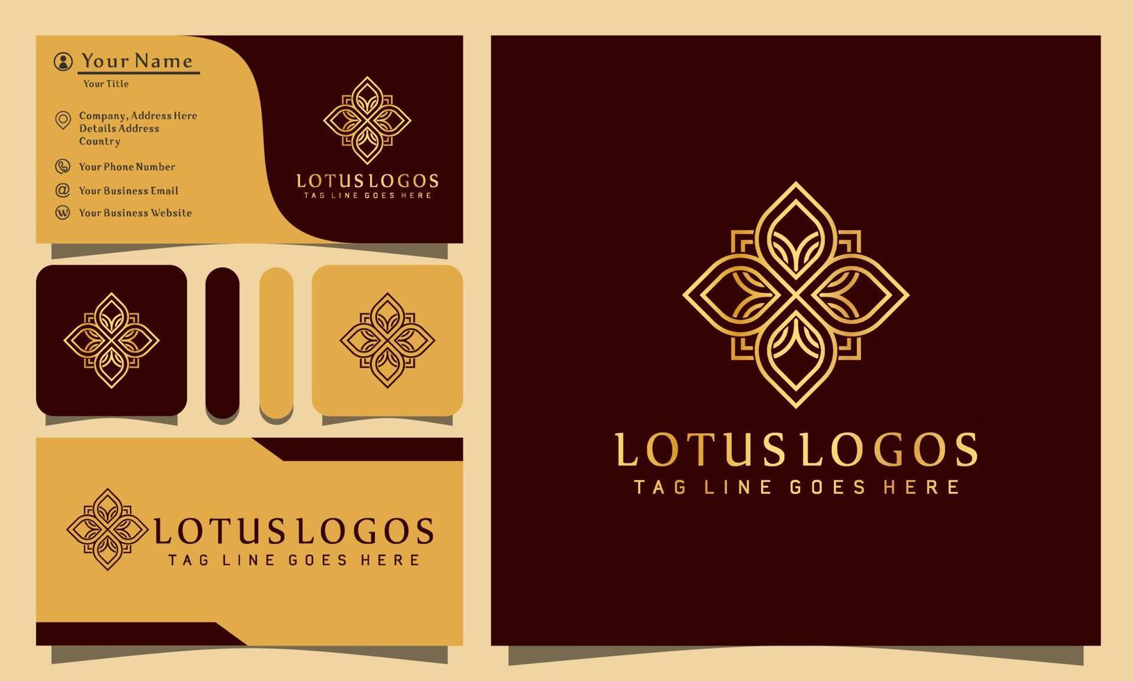 fiore d'oro foglie di loto loghi di lusso design illustrazione vettoriale con stile di linea arte vintage, modello di biglietto da visita aziendale moderno
