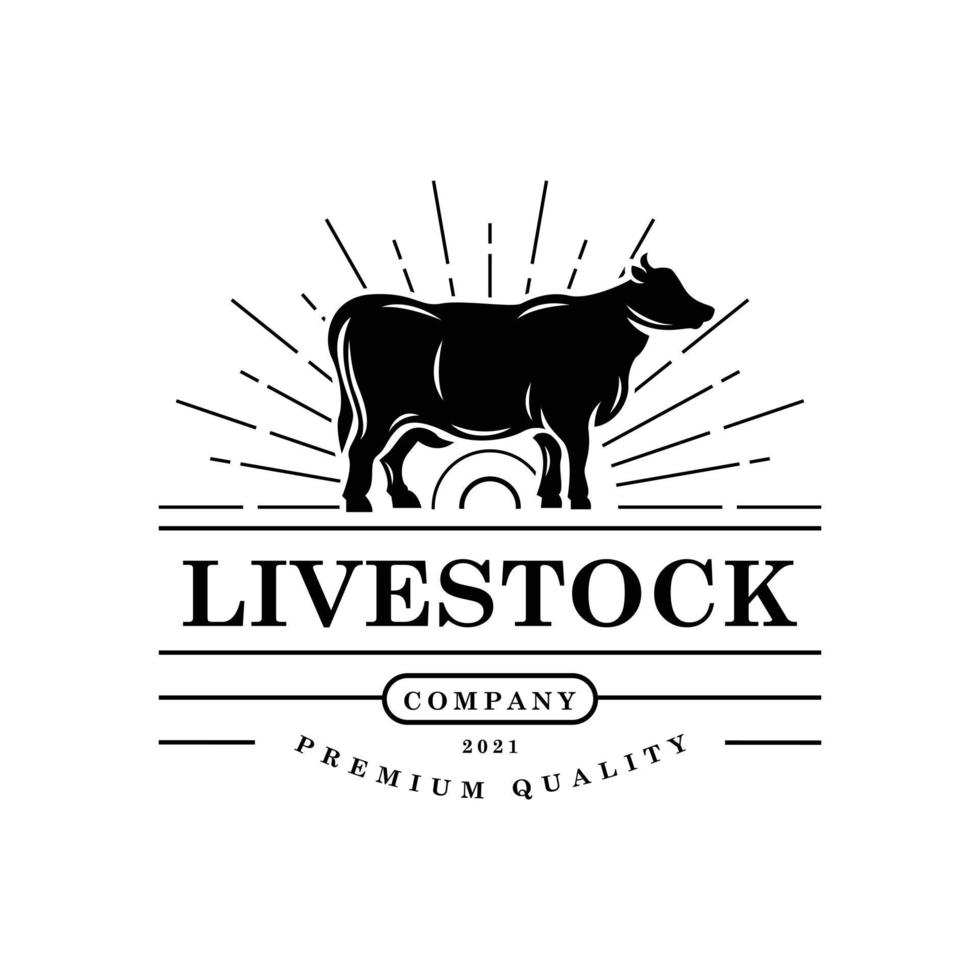 Bestiame premium logo design - grande silhouette mucca - illustrazione vettoriale isolato su sfondo bianco - carattere creativo, icona, simbolo, distintivo, emblema di angus