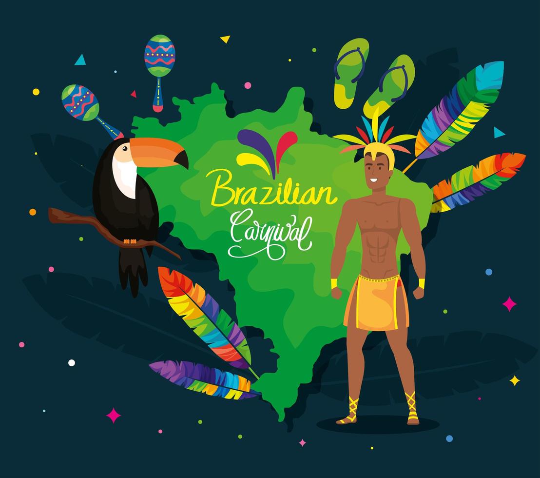 poster del carnevale brasiliano con ballerino maschio esotico e decorazione vettore