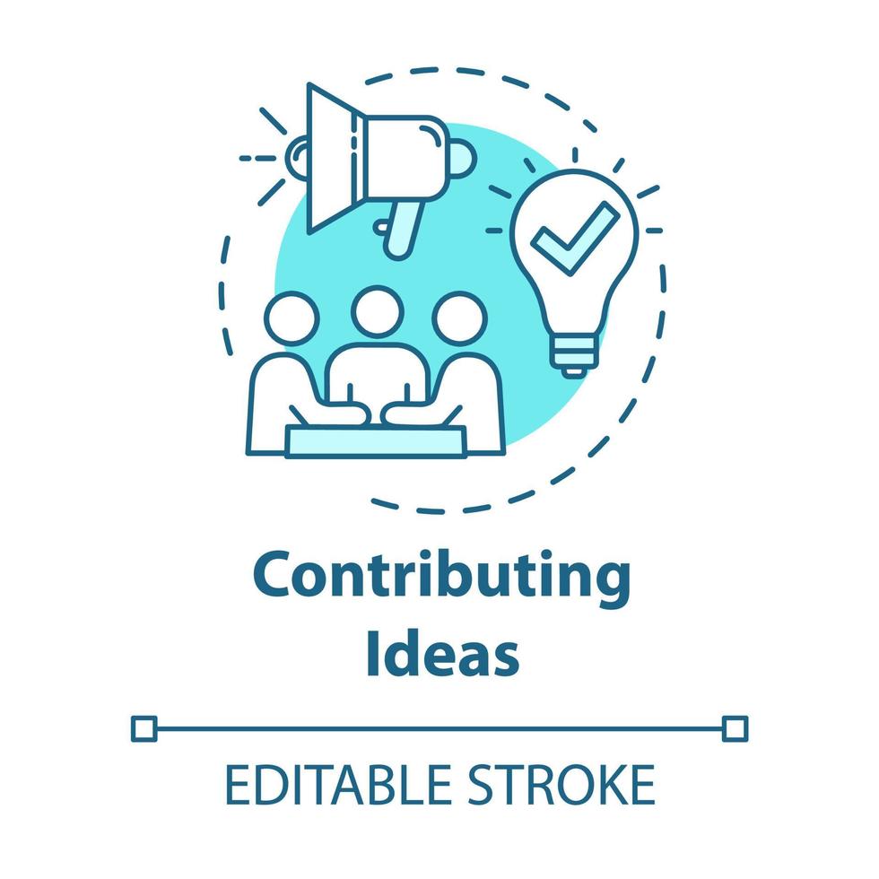 icona del concetto di idee che contribuiscono. briefing sulla riunione di lavoro. cooperazione in comunità. idea di brainstorming illustrazione al tratto sottile. disegno a colori rgb di contorno isolato vettoriale. tratto modificabile vettore