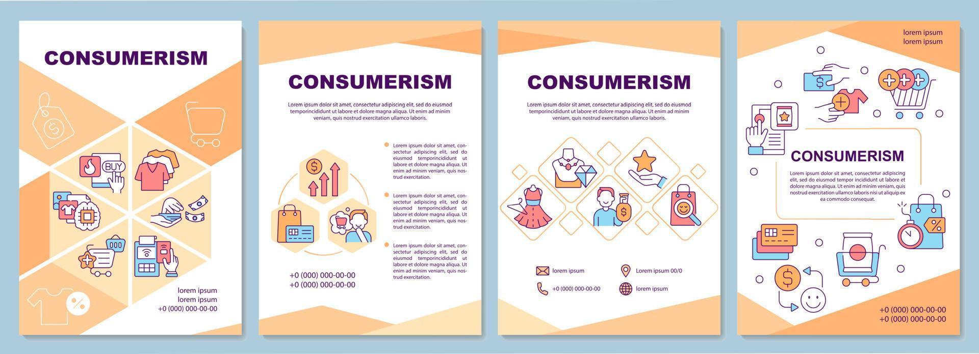 modello di brochure del consumismo. acquisti eccessivi. volantino, opuscolo, stampa di volantini, design di copertina con icone lineari. layout vettoriali per presentazioni, relazioni annuali, pagine pubblicitarie