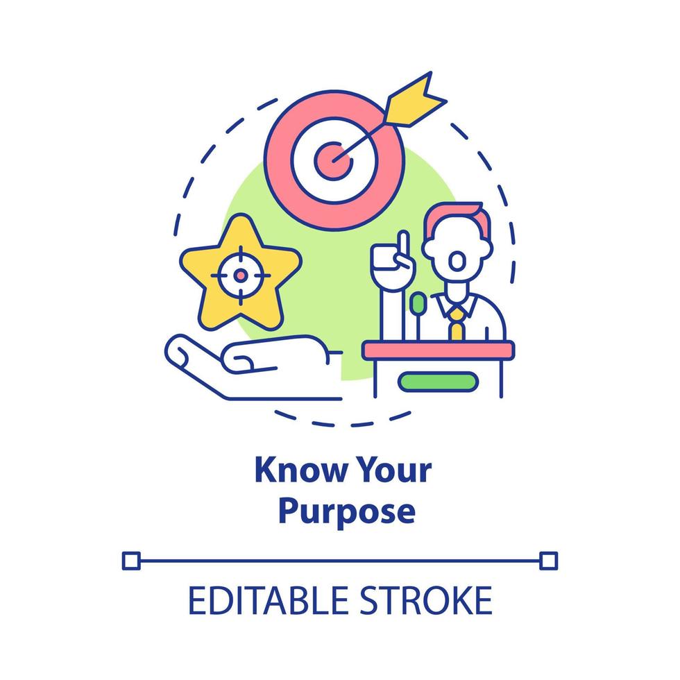 conosci il tuo scopo icona del concetto. lancio di successo di avvio. pianificazione delle piccole imprese e ricerca di mercato idea astratta illustrazione al tratto sottile. disegno a colori contorno vettoriale isolato. tratto modificabile