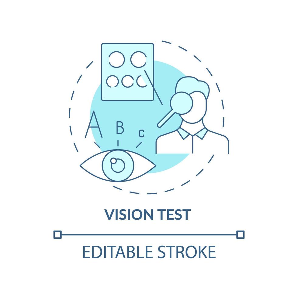 icona del concetto di test di visione blu. esame della vista del paziente. numerosi test medici prima della chirurgia oculare idea astratta illustrazione al tratto sottile. disegno a colori contorno vettoriale isolato. tratto modificabile