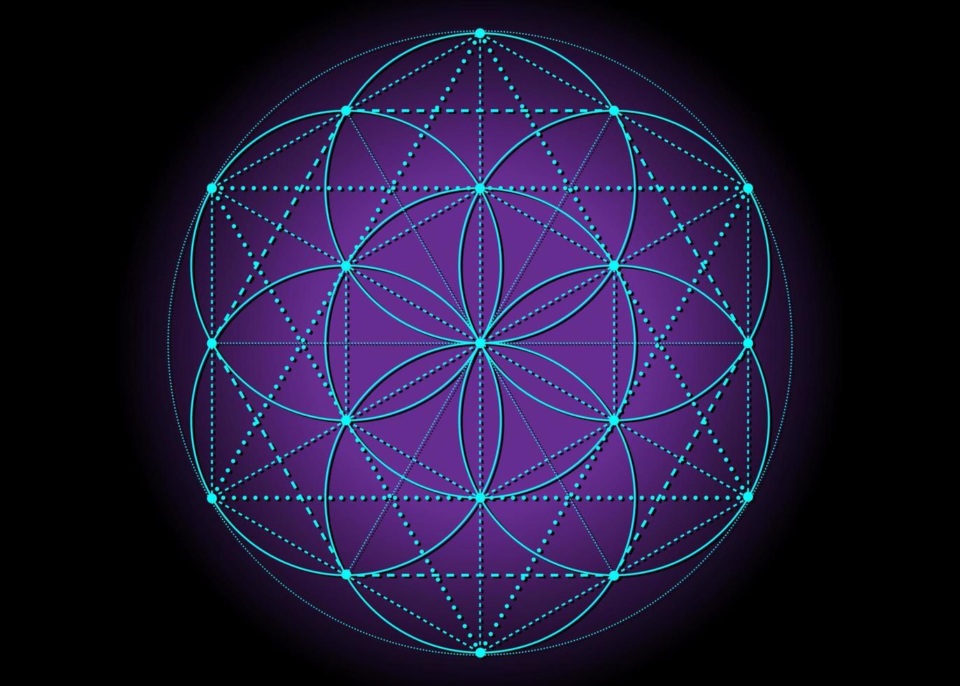 fiore della vita, seme della vita simbolo geometria sacra, mistico mandala dell'alchimia segno esoterico. effetto di colore brillante al neon blu vettoriale isolato su sfondo viola