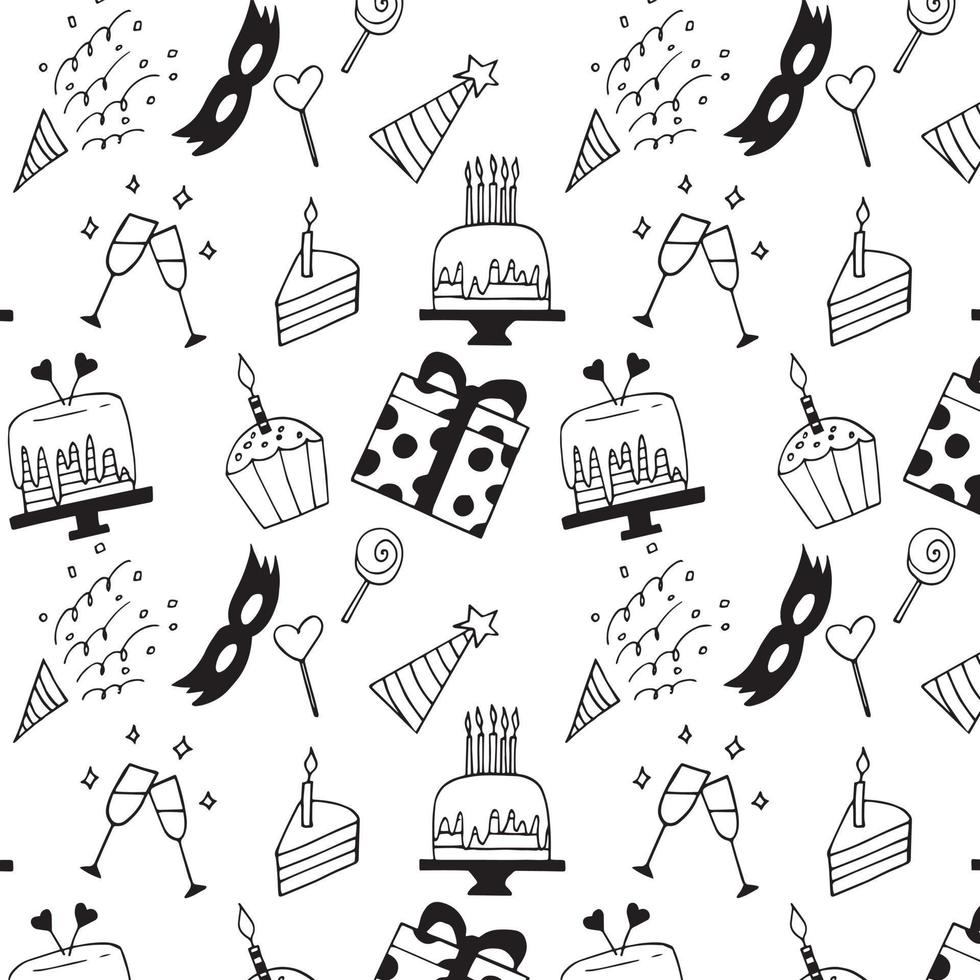 modello di buon compleanno. stile doodle disegnato a mano. minimalismo, monocromo, schizzo. vacanza, festa torta regalo maschera champagne vettore