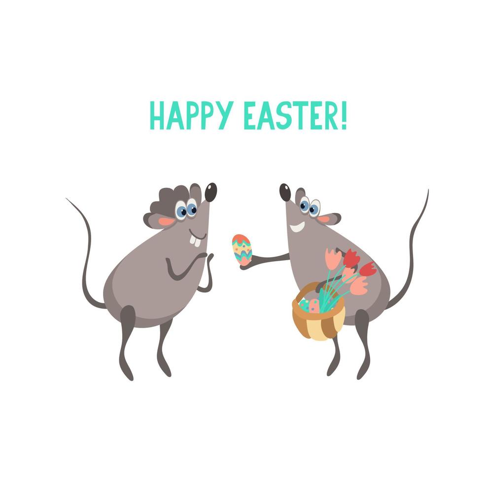 biglietto di auguri di buona pasqua. il simpatico topo regala un uovo di Pasqua al suo amico. vettore