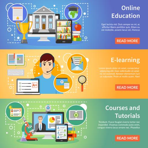 Set di banner piatto di educazione online 3 vettore