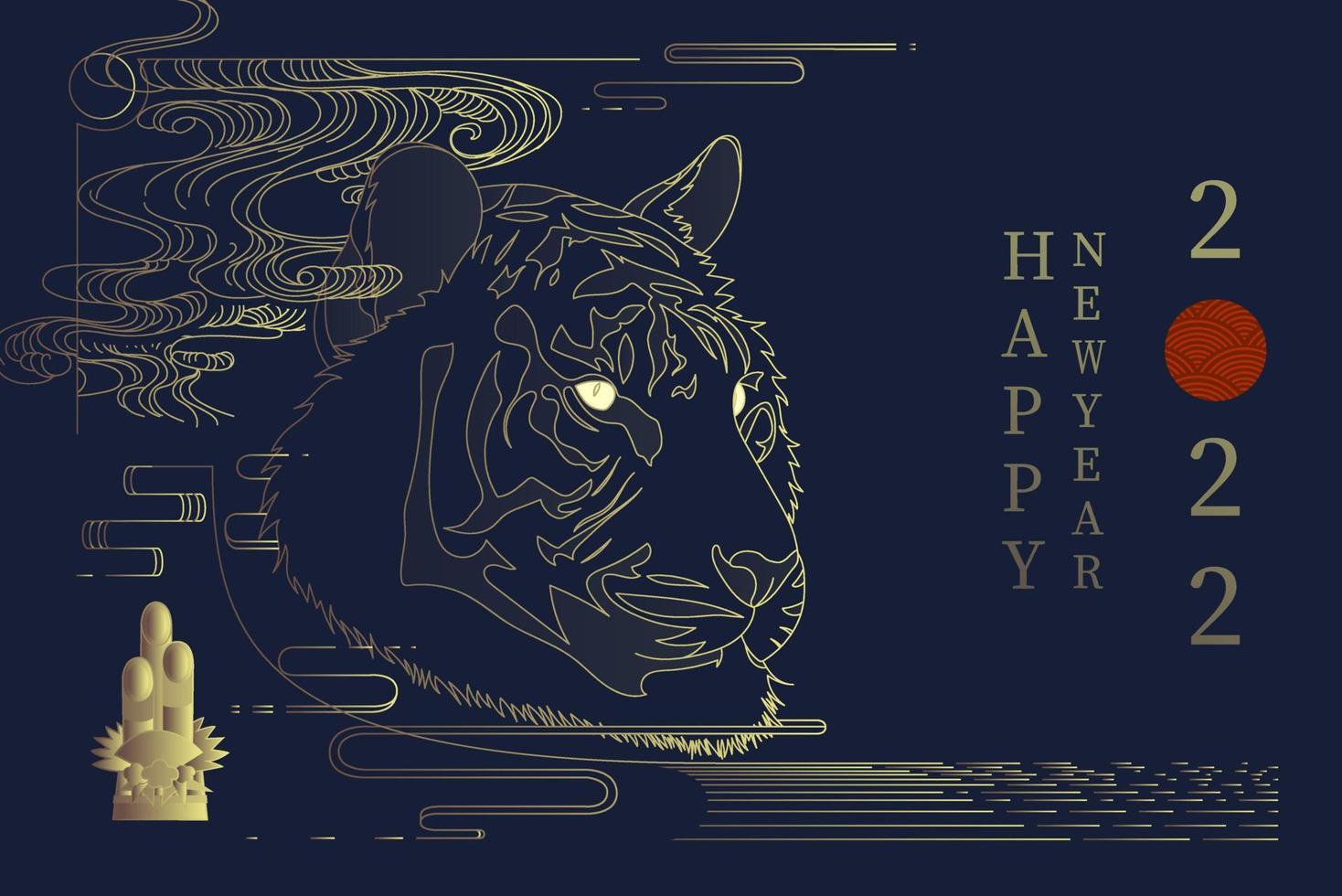 2022 auguri di capodanno con tigre zodiacale in linea arte illustrazione vettoriale, anno del design della tigre in tema notte blu scuro glamour vettore