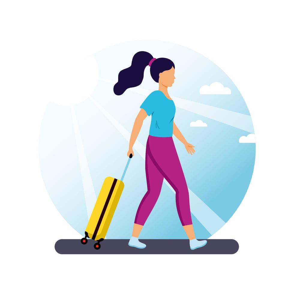 una ragazza con una valigia sta andando in vacanza. un turista con una borsa da viaggio. illustrazione vettoriale in uno stile piatto.