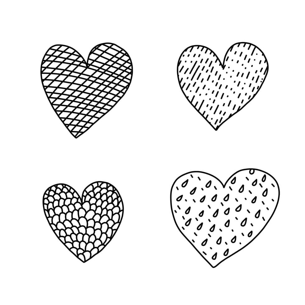 cuori di doodle festivo con trame. collezione di forme di cuore in stile lineare. elementi vettoriali di San Valentino per il web design