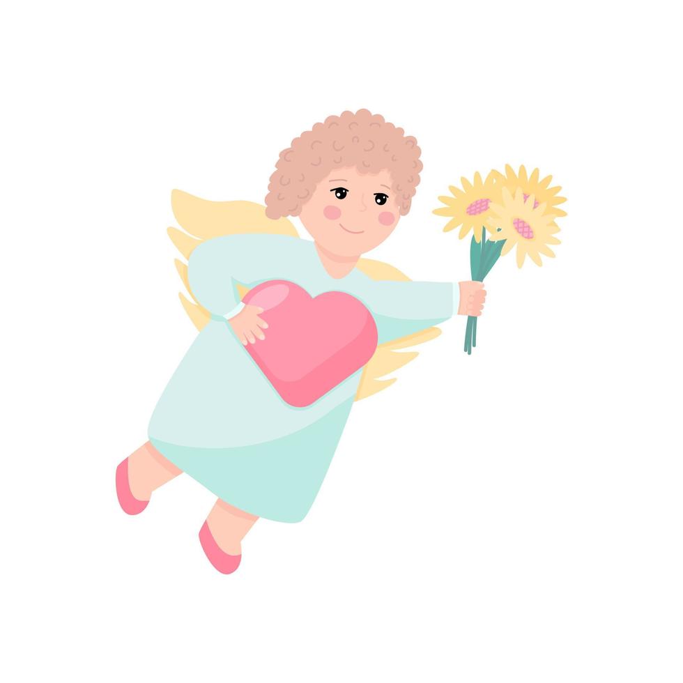 adorabile angelo piatto illustrazione vettoriale. bambino carino divertente con personaggi dei cartoni animati di ali. ragazza felice che tiene cuore e fiori. vettore