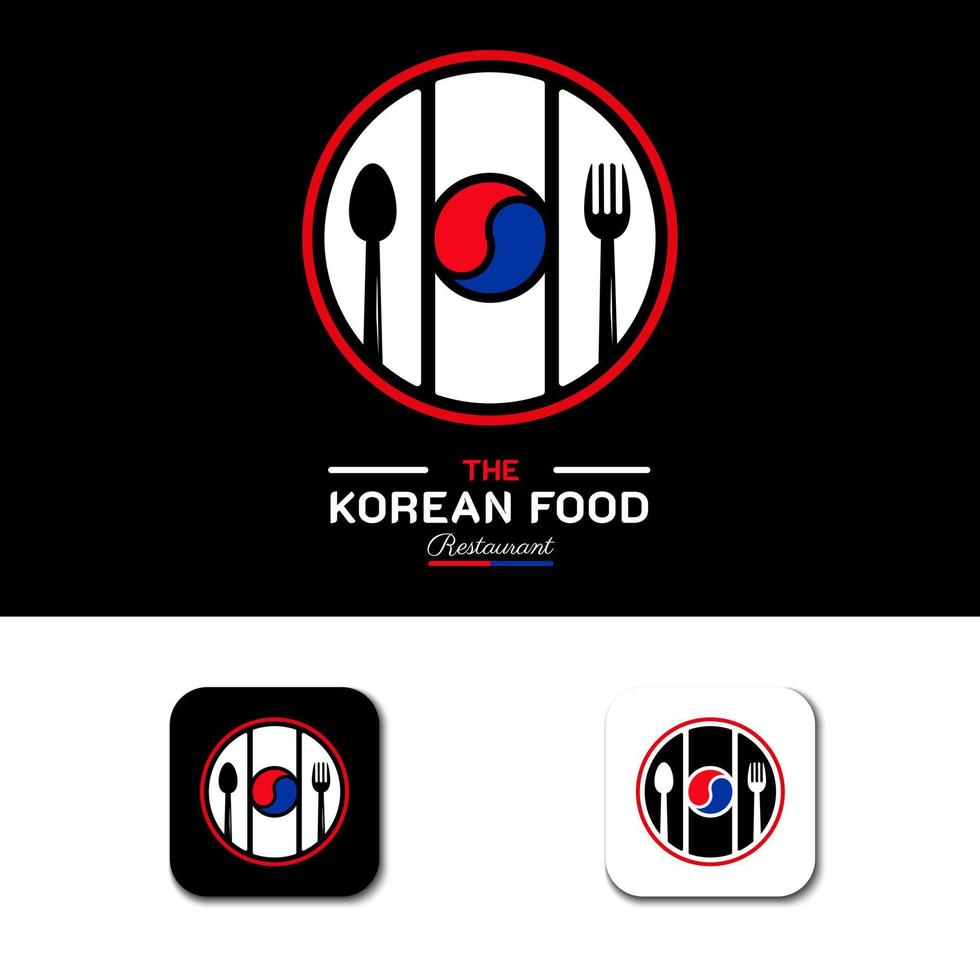 logo del ristorante di cibo coreano. simbolo della bandiera della corea del sud con le icone di cucchiaio e forchetta. illustrazione del logo di lusso e premium vettore