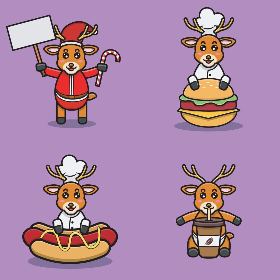 set di simpatici personaggi di cervo con varie pose. natale, chef su hamburger, hot dog e tazza di caffè. vettore