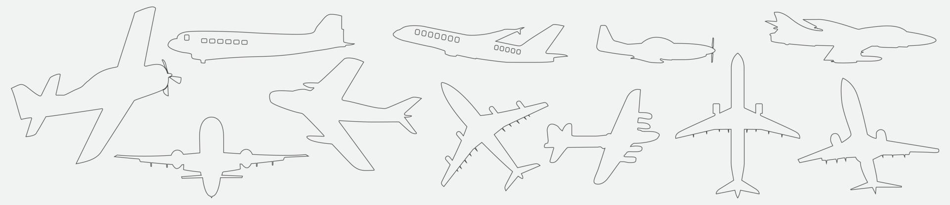 linea di set di icone dell'aereo. stile piatto dell'aereo. vettore icona aereo. simbolo di trasporto aereo. illustrazione di viaggio.