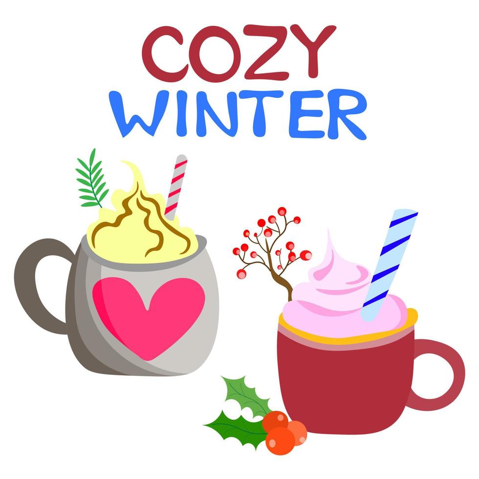 illustrazione vettoriale - inverno accogliente. due tazze di cioccolata calda natalizia con decorazioni invernali. buon e dolce natale. tazze festive con cioccolata calda, cacao o caffè e panna.