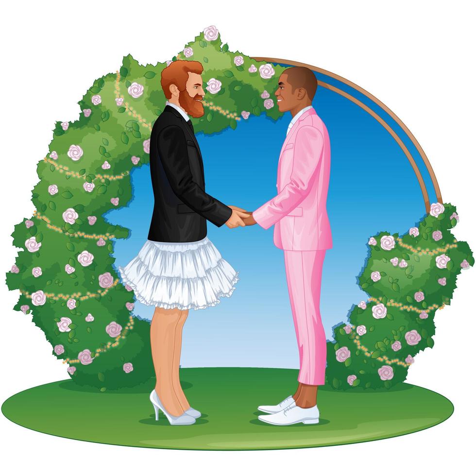 coppia gay che pronuncia i voti in una romantica cerimonia di matrimonio all'aperto davanti a un altare ad arco. illustrazione vettoriale