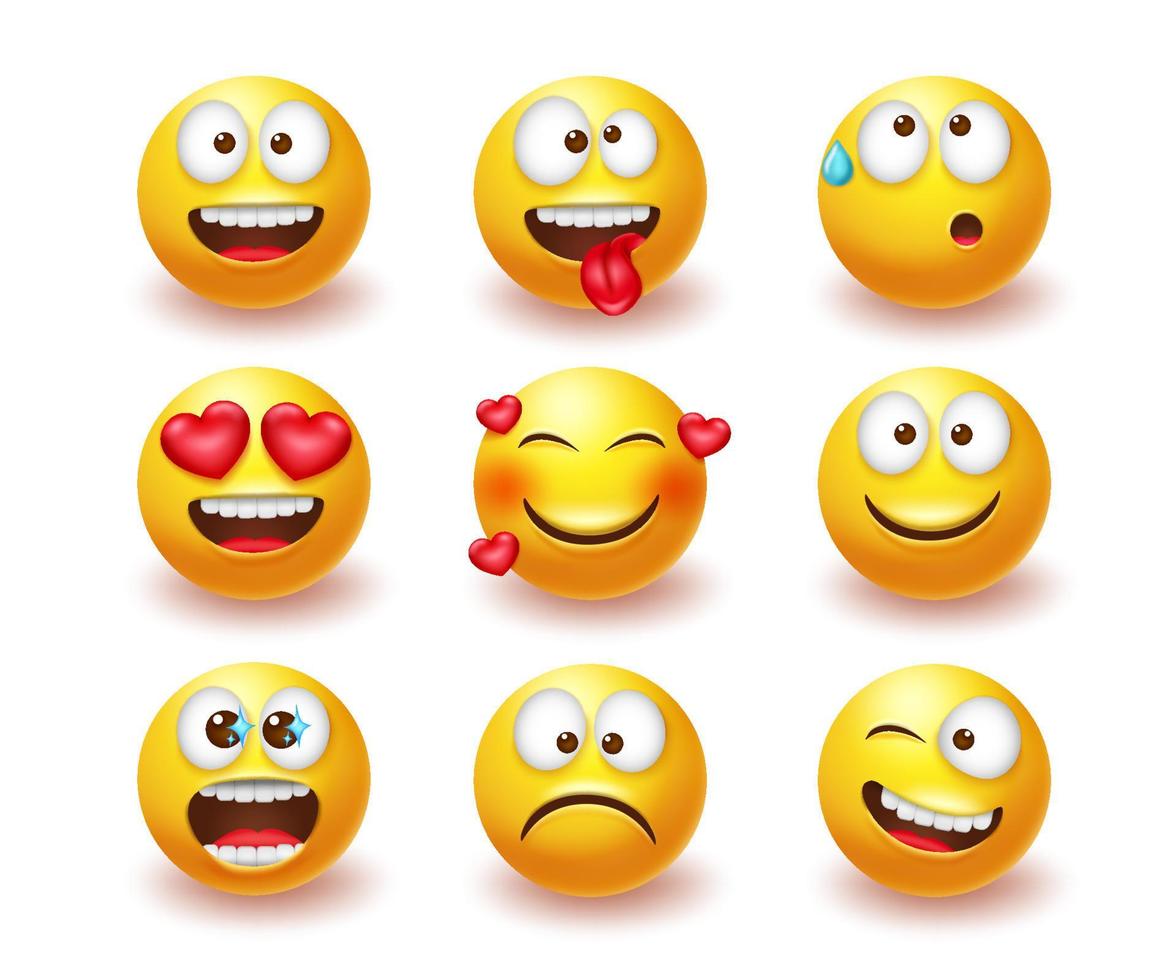 set di vettore di emoticon emoji. emoji personaggi 3d con espressioni ed emozioni come felice, innamorato e pazzo nell'icona della faccia gialla per il design carino della collezione di personaggi avatar. illustrazione vettoriale
