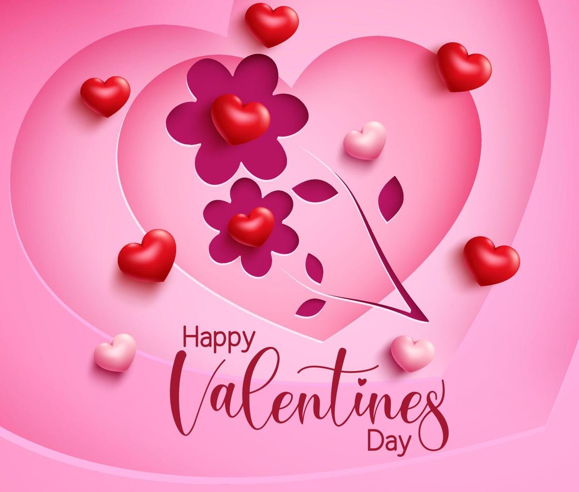 disegno di sfondo vettoriale fiore di San Valentino. buon san valentino testo con forma di fiori recisi in carta ed elemento cuore 3d per un dolce e carino disegno di auguri di san valentino. illustrazione vettoriale