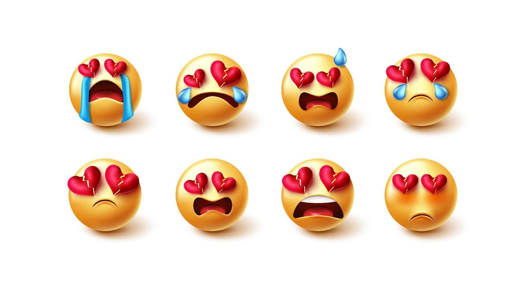 set di vettori dal cuore spezzato emoji. personaggi emoji in cuori tristi, piangenti e spezzati facce gialle reazione ed espressioni per la progettazione grafica della collezione di personaggi di san valentino. illustrazione vettoriale.