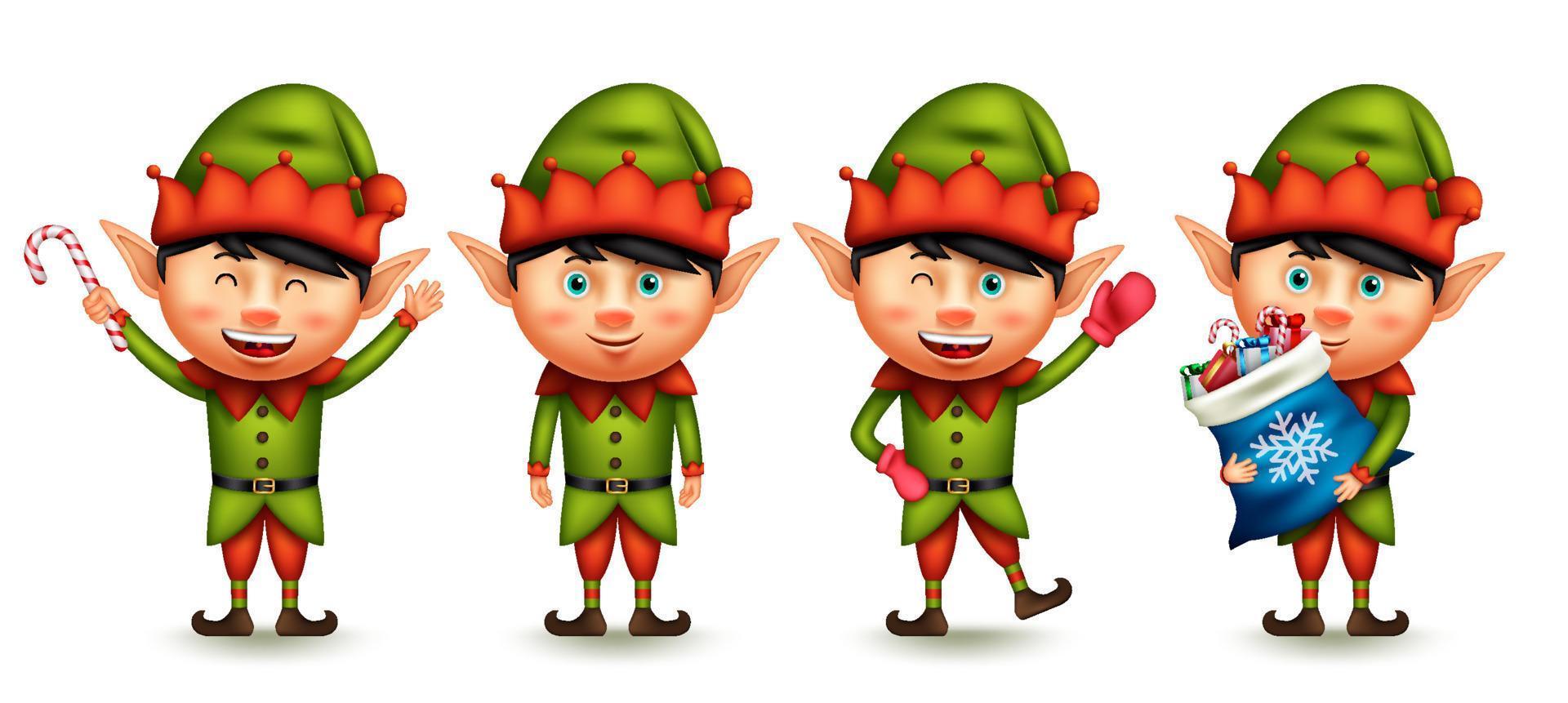 insieme di vettore del carattere dell'elfo di natale. elfi del ragazzo personaggi 3d che salutano, tengono in mano e fanno regali di bastoncini di zucchero per la collezione di design natalizi dei simpatici nani di babbo natale. illustrazione vettoriale.