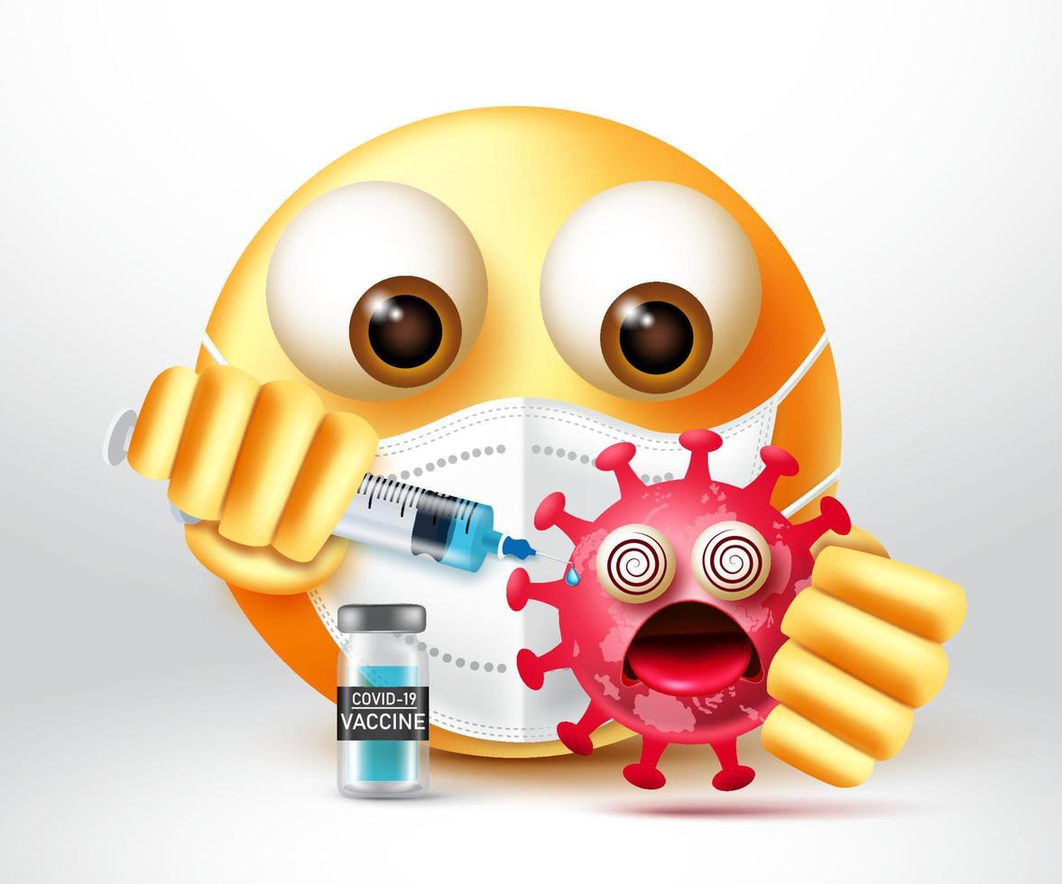 disegno vettoriale del vaccino emoji covid-19. emoticon 3d personaggio che uccide il virus iniettando il vaccino per la campagna di vaccinazione pandemica emojis character design. illustrazione vettoriale