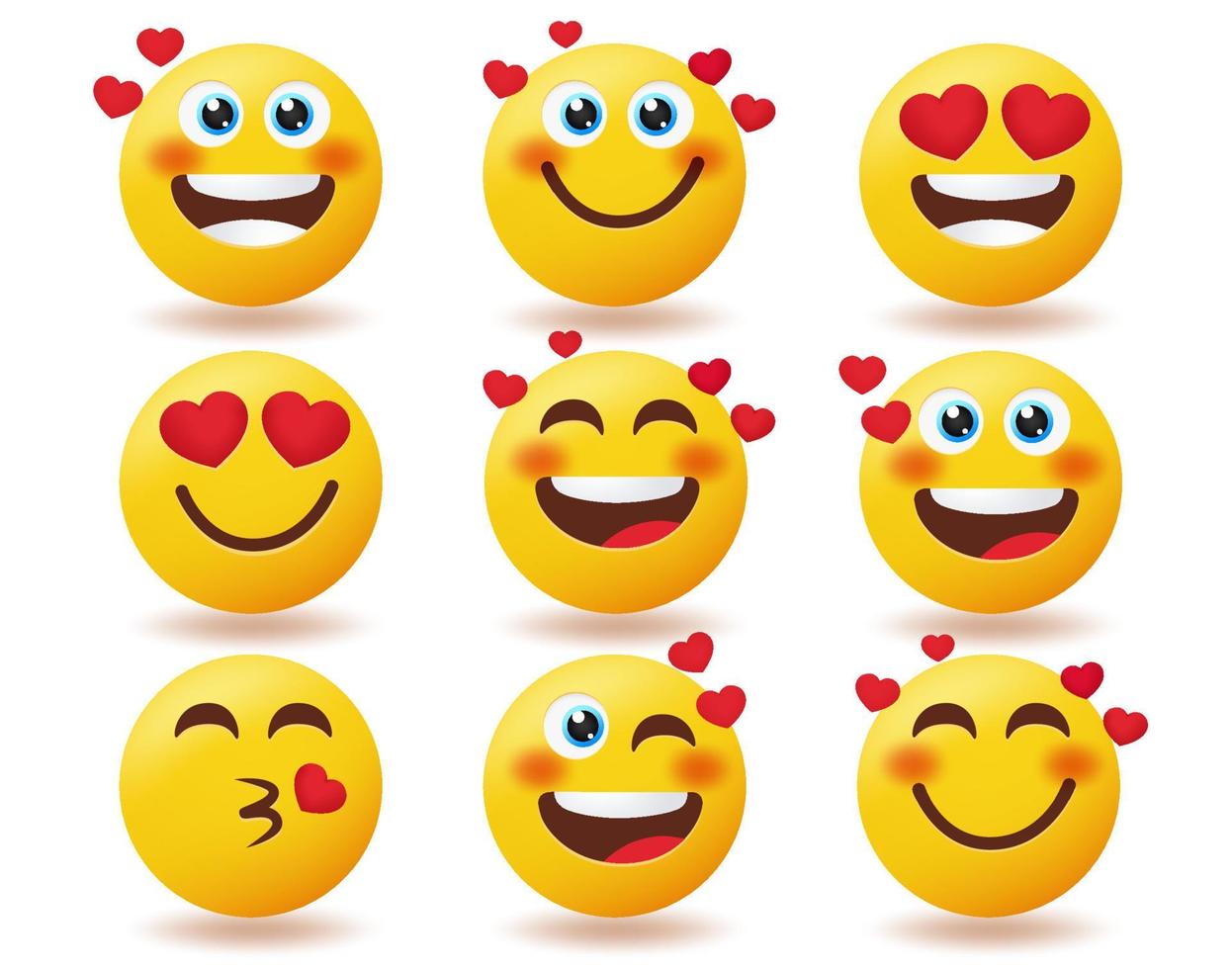 emoji valentines inlove insieme di vettore di emoticon. le emoticon amano i personaggi in espressioni facciali sorridenti che arrossiscono e baciano isolate in uno sfondo bianco per il design del personaggio emoji. illustrazione vettoriale.