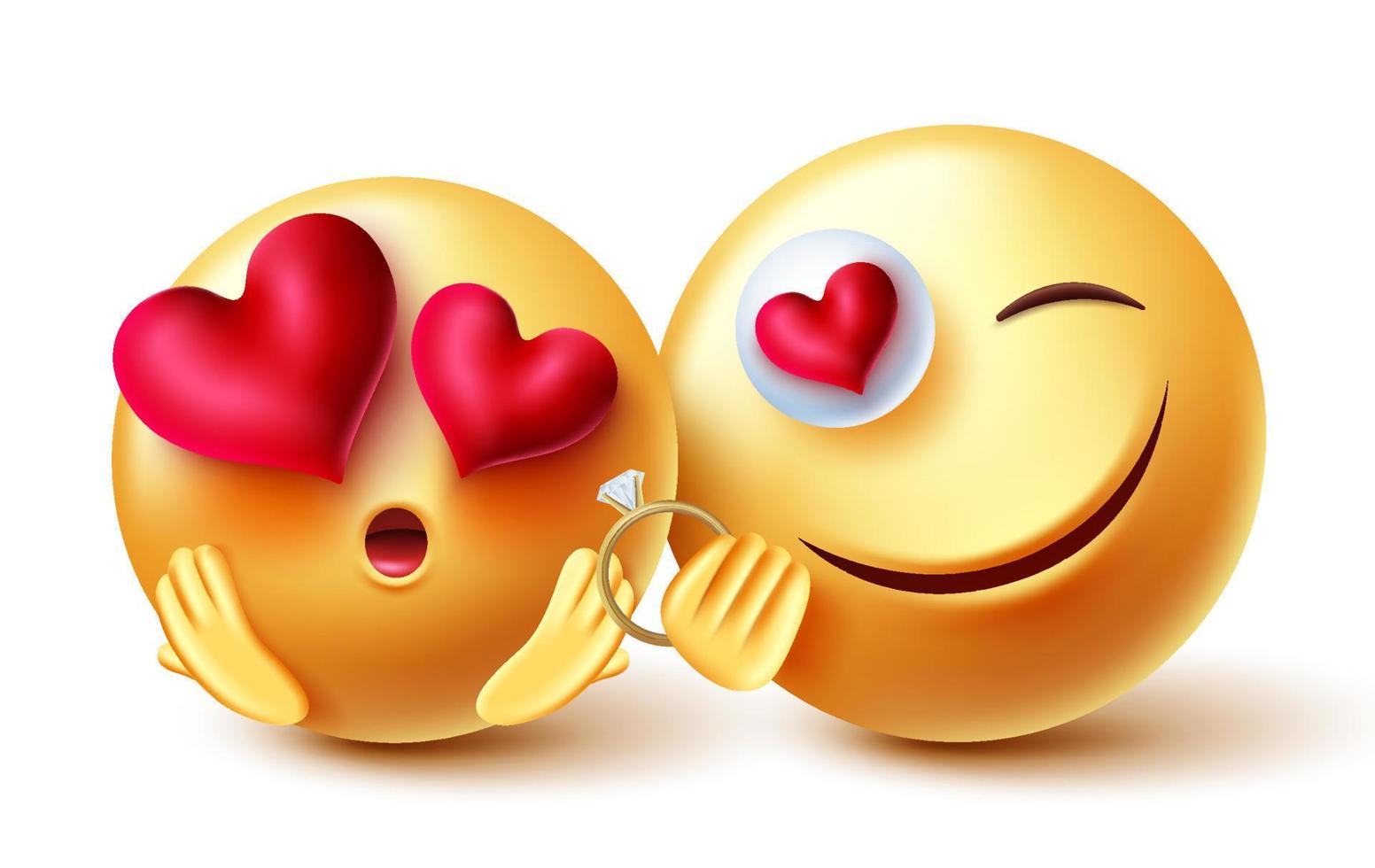 emoji coppia vettore concept design. emoji 3d che propone un personaggio di smiley con anello di fidanzamento per regalo di San Valentino e personaggi di emoticon di proposta. illustrazione vettoriale.