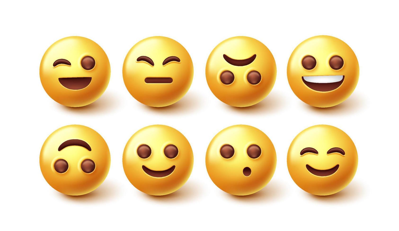 set di vettori di caratteri emoji. emoticon carino giallo isolato in uno sfondo bianco con emozioni facciali per la raccolta di personaggi di design grafico. illustrazione vettoriale.