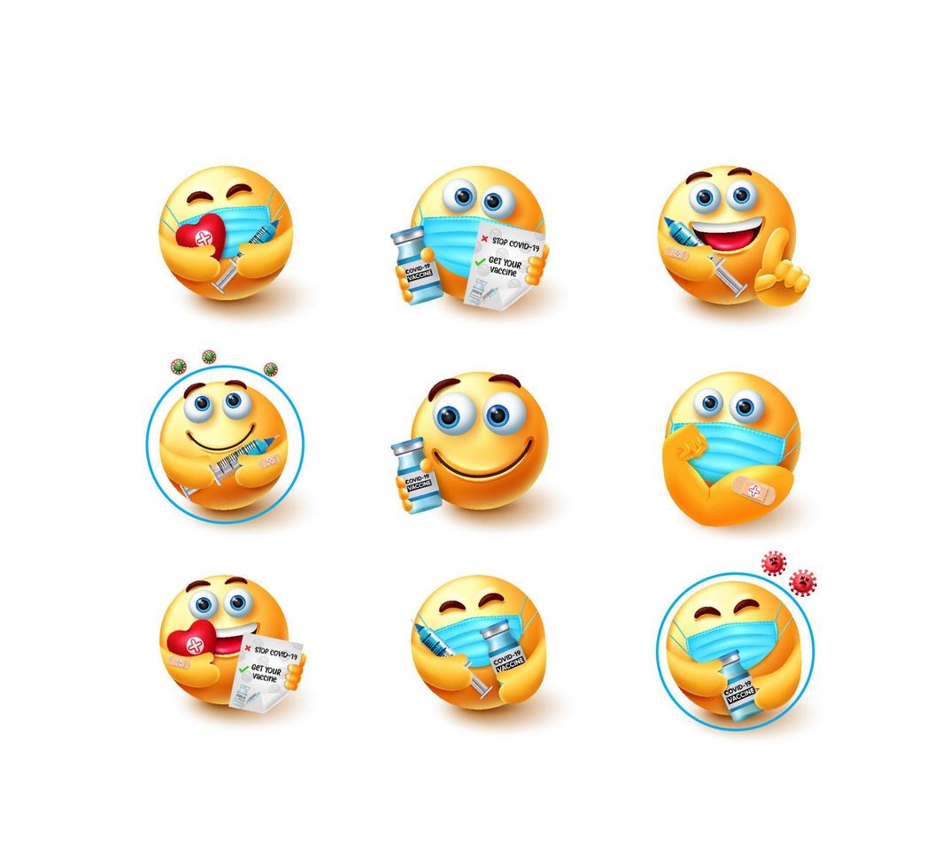 set di vettori del vaccino emoji covid-19. emoji personaggi di emoticon vaccinati 3d in espressioni facciali sane e sicure per il design della collezione di avatar di vaccinazione contro il coronavirus. illustrazione vettoriale