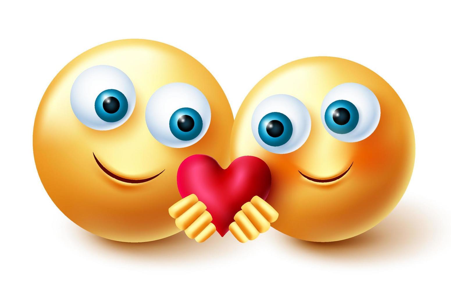 disegno vettoriale di coppia di San Valentino emoji. emoji 3d concetto di carattere innamorato che tiene e condivide l'elemento del cuore per il personaggio delle emoticon di San Valentino amore romantico. illustrazione vettoriale.