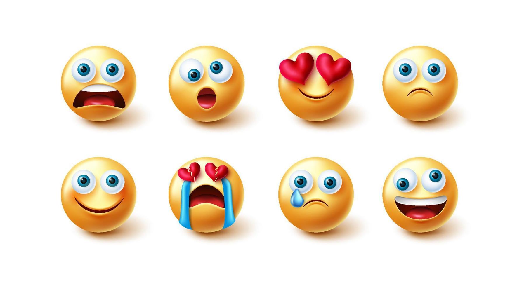 insieme di vettore di emoticon emoji. Emoticon 3d in design grafico 3d dal cuore spezzato scioccato, divertente e triste per il design della collezione di emoji di facce gialle carine e pazze. illustrazione vettoriale.