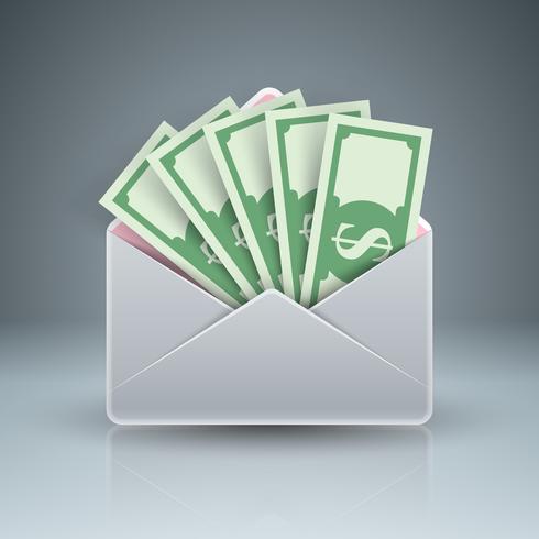 Busta, posta, e-mail, mazzetta, denaro, icona del dollaro. vettore