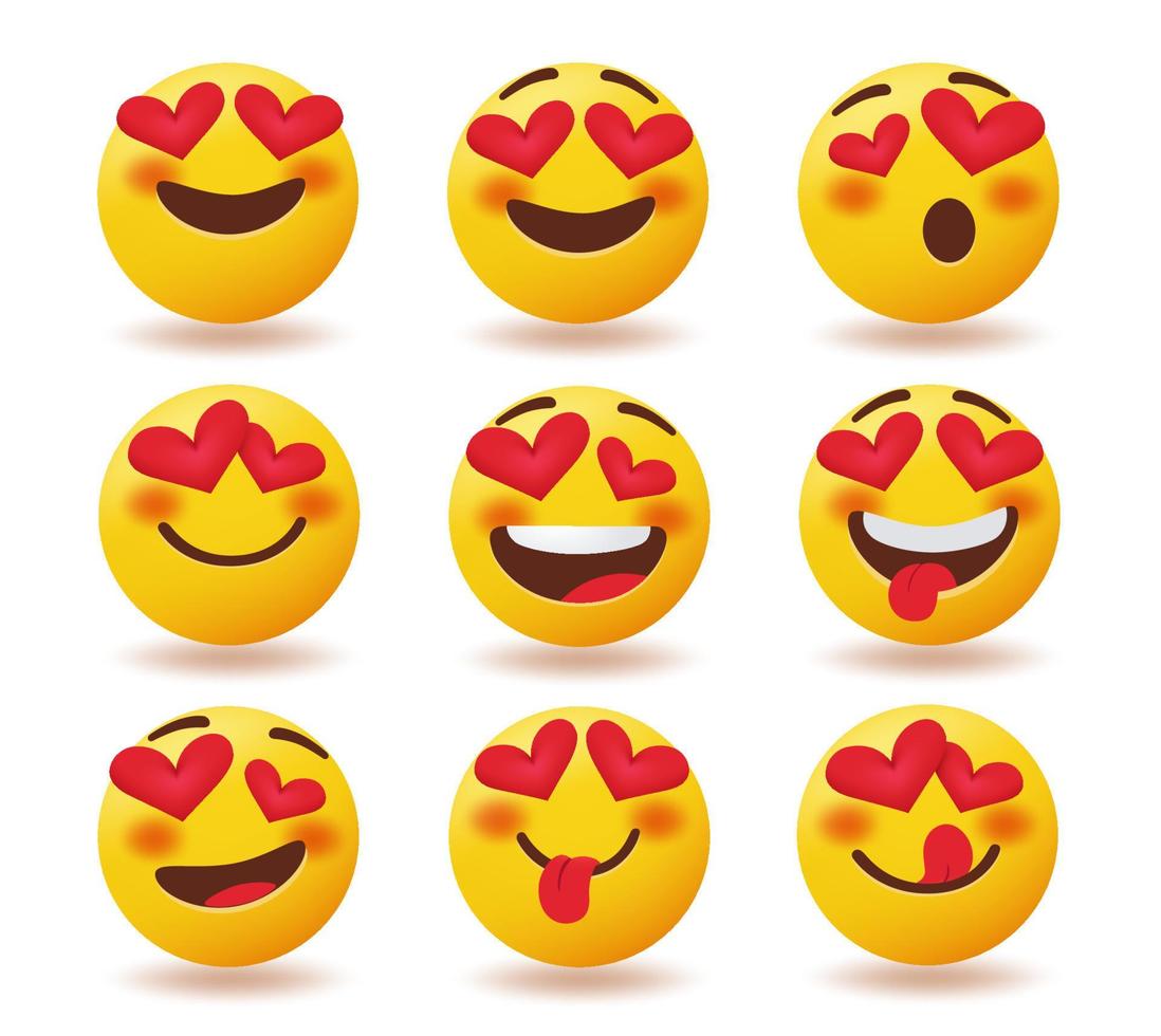 insieme di vettore di caratteri di amore di emoji. emoticon di san valentino personaggio innamorato espressione facciale con elemento occhi cuore isolato in uno sfondo bianco per il design romantico della collezione emoji.