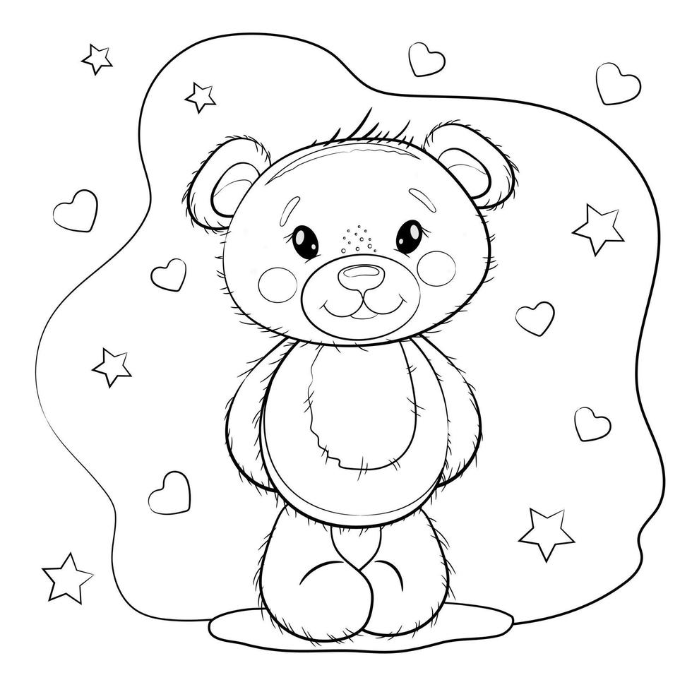 Cartoon carino orsacchiotto contorno illustrazione isolato su uno sfondo bianco con cuori e stelle. libro da colorare per bambini. vettore