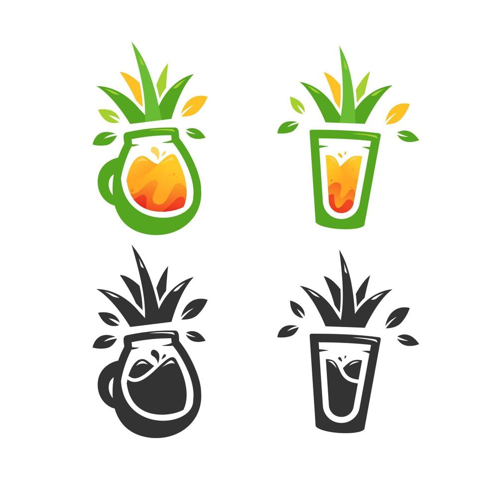 modello di set di logo di succo di ananas ananas fresco con icona di forma di vetro di frutta vettore