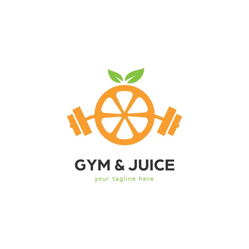 logo di succo di ginnastica forte palestra con bilanciere di sollevamento pesi di frutta fresca vettore