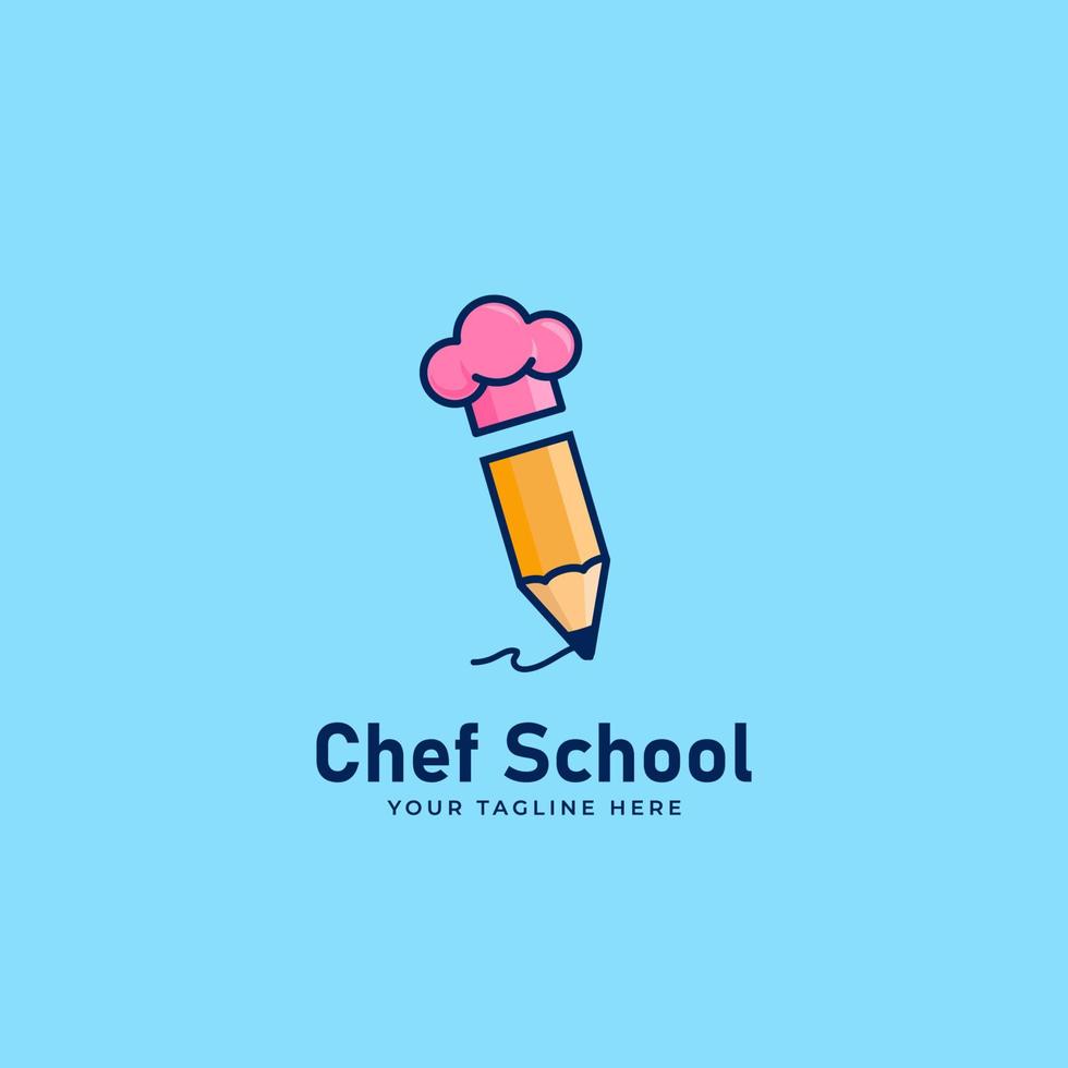 icona del logo della scuola dello chef con matita e cappello da chef, concetto dell'icona del logo del blogger di ricette vettore