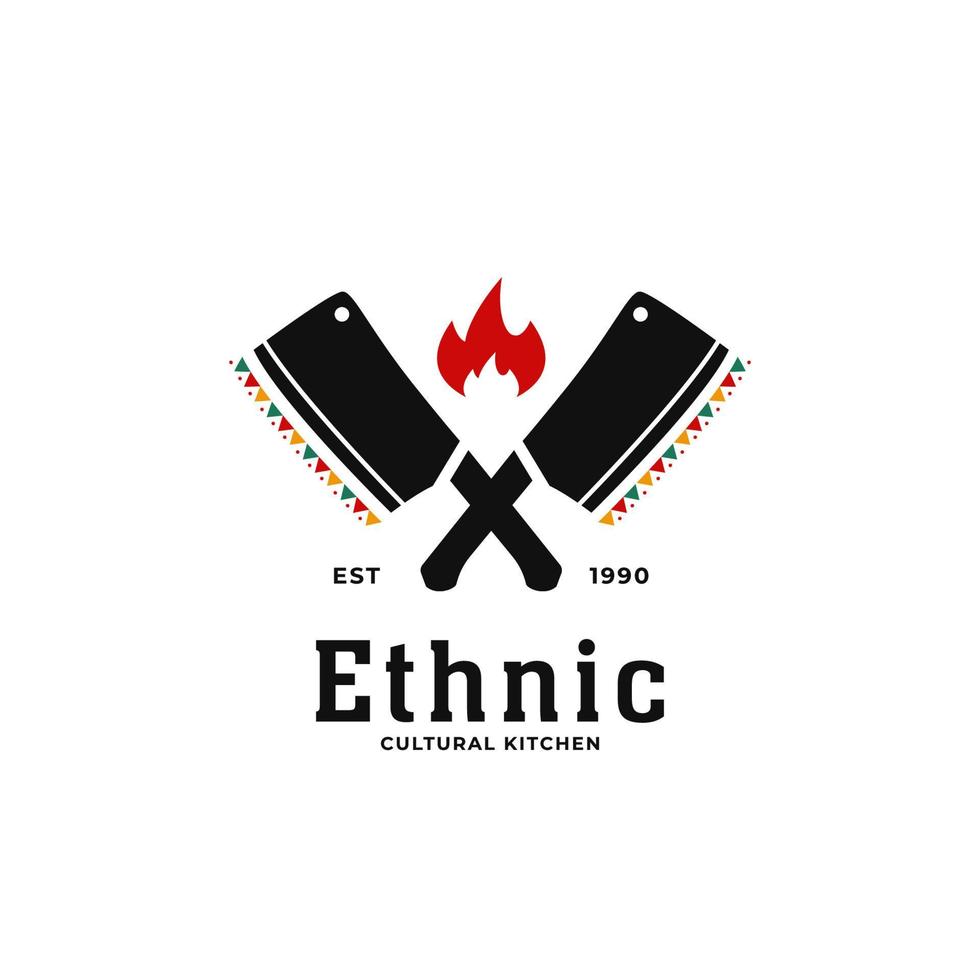 etnico tradizionale africano anima culturale cucina logo icona con coltello da macellaio incrociato vettore