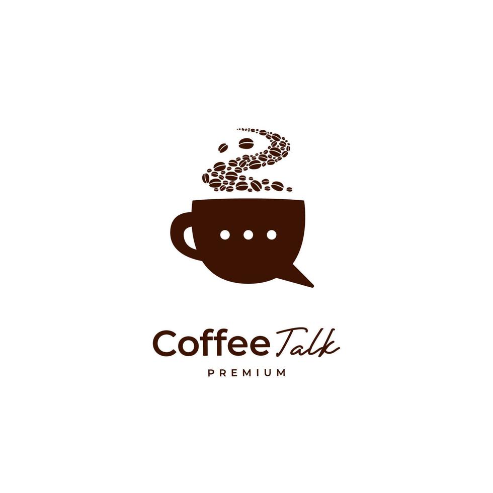 logo premium del chicco di caffè, tazza di caffè marrone con illustrazione del logo dell'icona della chat a bolle vettore