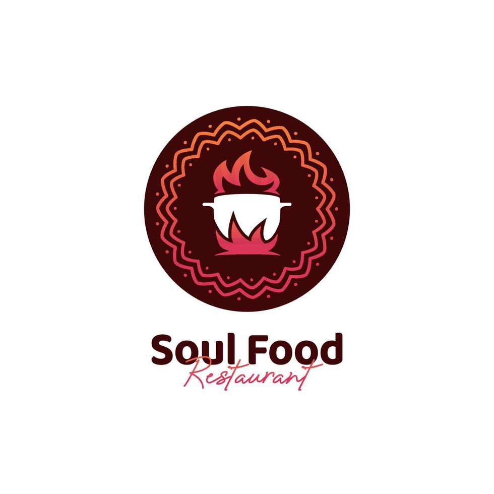 logo unico del ristorante della cucina del soul food con l'icona del logo della pentola calda e motivo etnico africano vettore