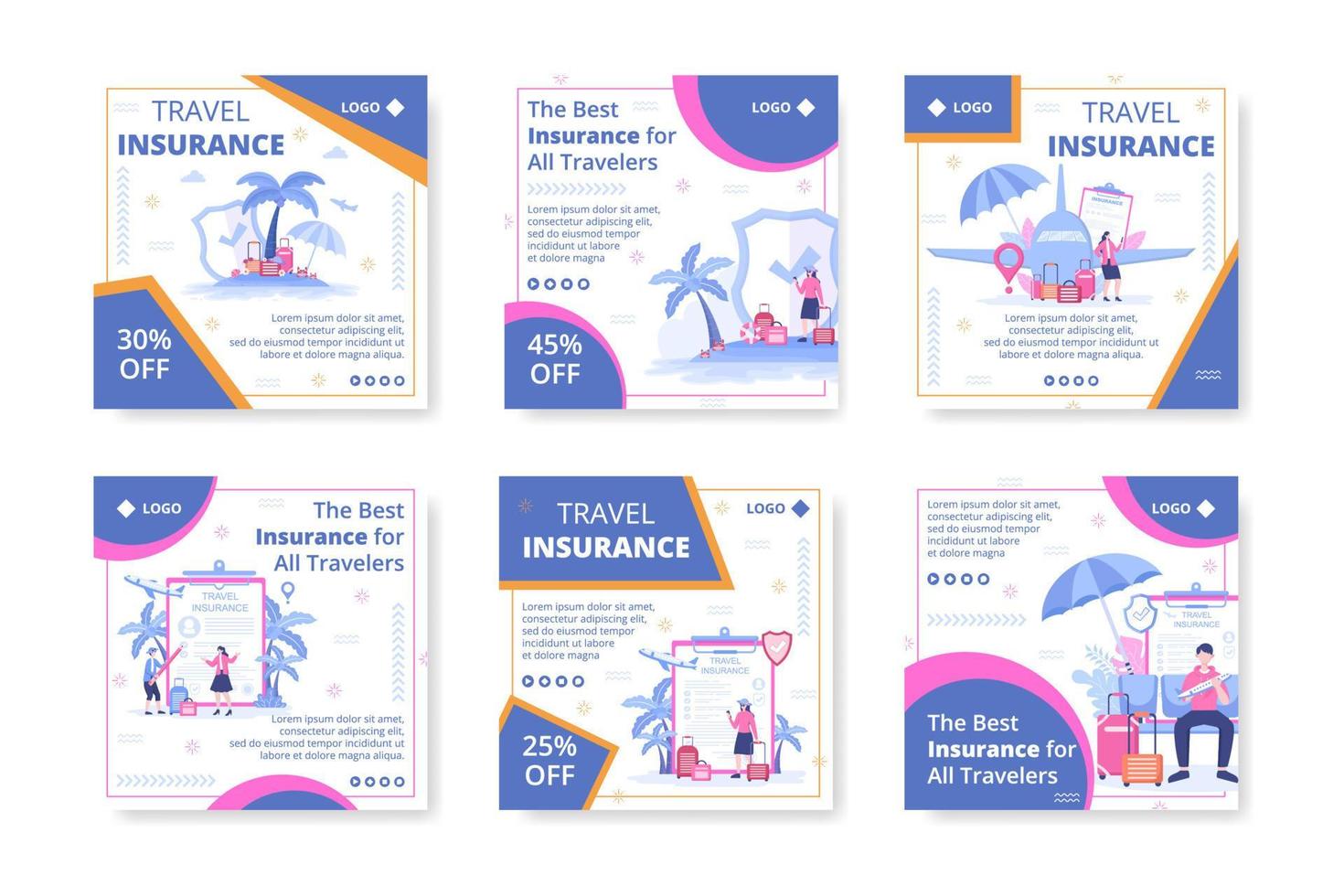 illustrazione di design piatto modello post assicurazione di viaggio modificabile di sfondo quadrato adatto per social media, biglietto di auguri e annunci internet web vettore