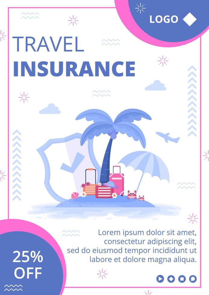 illustrazione di design piatto modello di volantino di assicurazione di viaggio modificabile di sfondo quadrato adatto per social media, biglietto di auguri e annunci internet web vettore