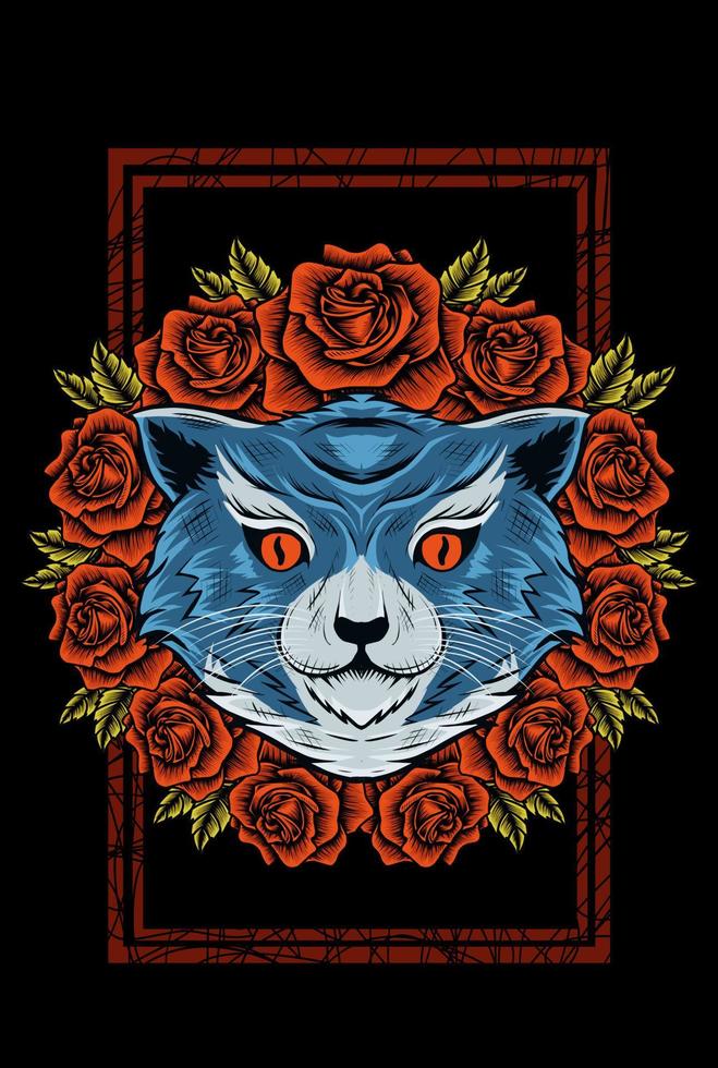 illustrazione vettoriale testa di gatto con fiore rosa vintage