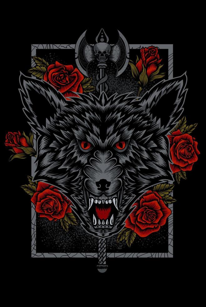 illustrazione vettoriale testa di lupo arrabbiato con fiore di rosa