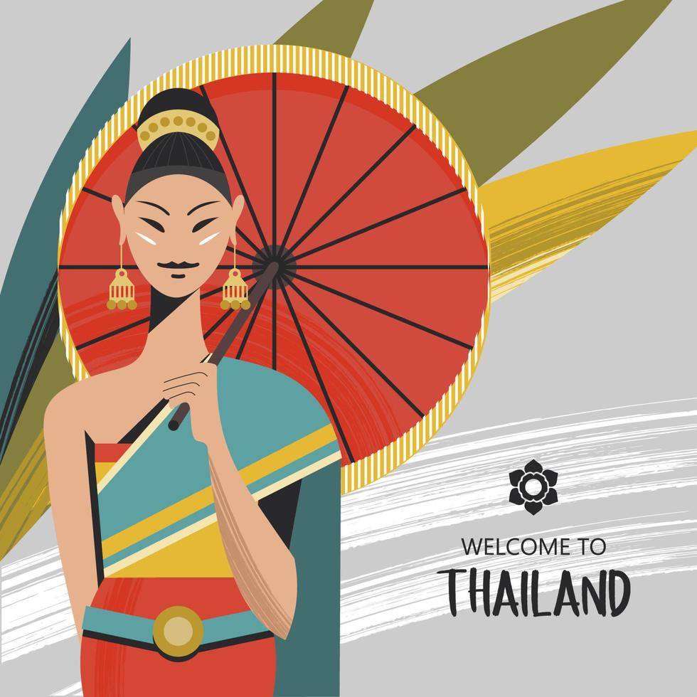 bella ragazza tailandese in vestito tailandese nazionale con l'ombrello rosso. illustrazione vettoriale. vettore