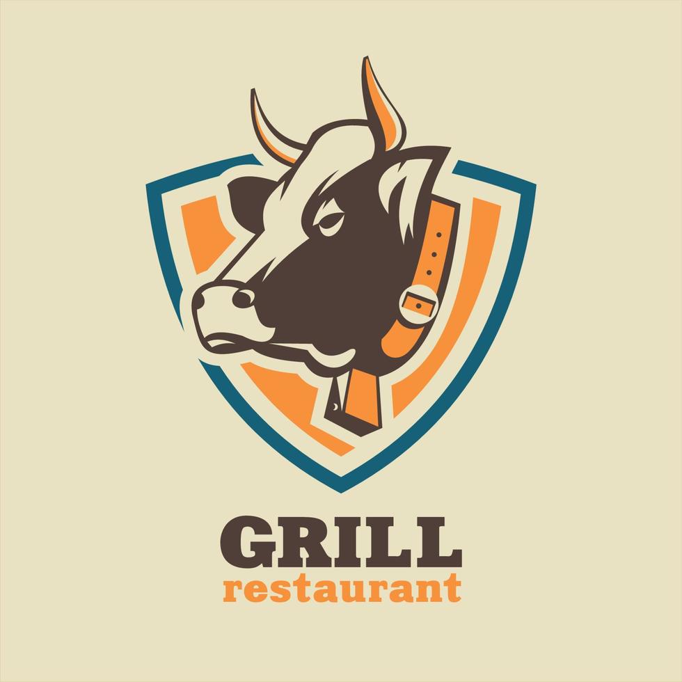 ristorante, grill, piatti di carne. logo vettoriale con l'immagine di una mucca.