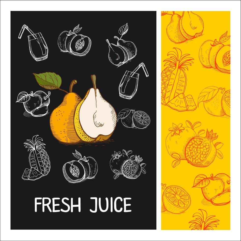 succo di hrushiv. frutta. illustrazione vettoriale. frutta disegnata con il gesso su una lavagna nera. illustrazione vettoriale disegnato a mano.