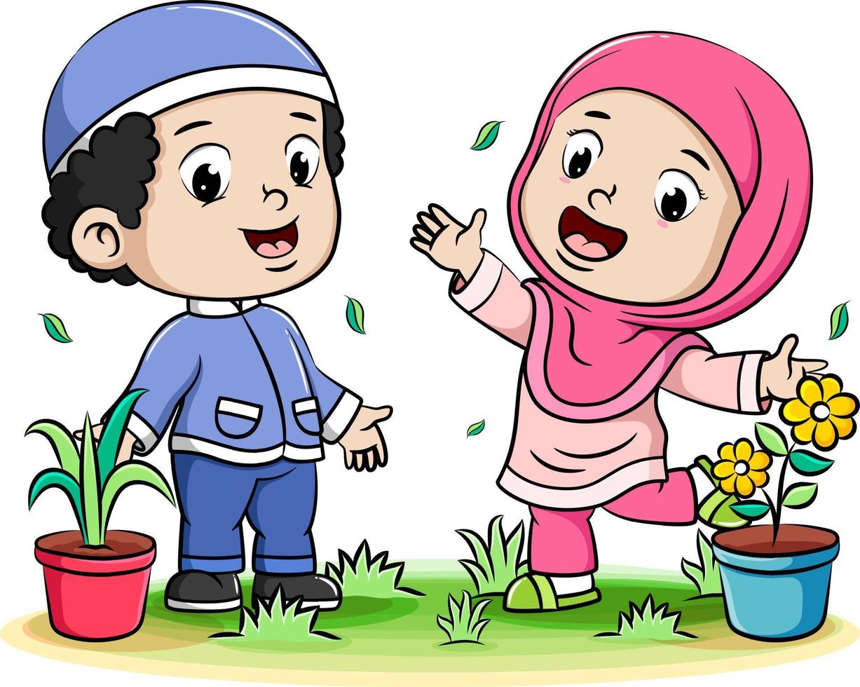bambini musulmani felici che giocano e fiori sullo sfondo del vaso vettore
