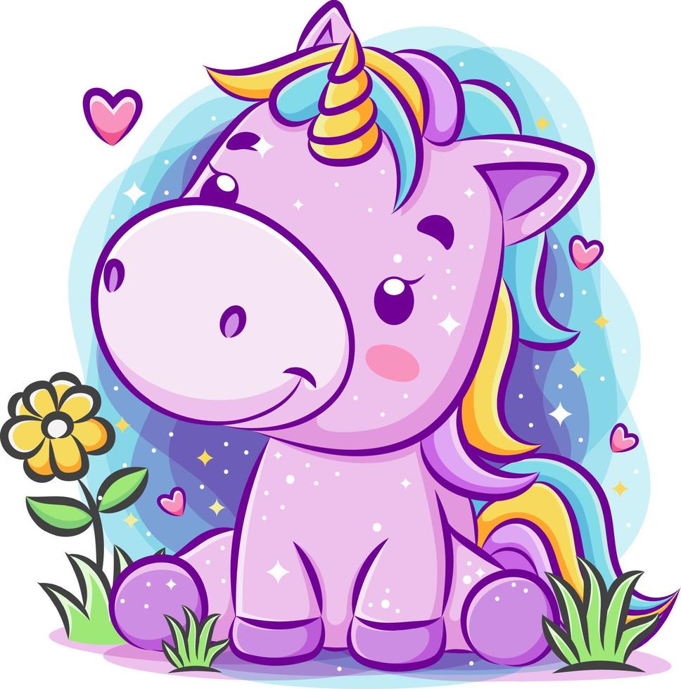simpatico unicorno sorridente che gioca in giardino vettore