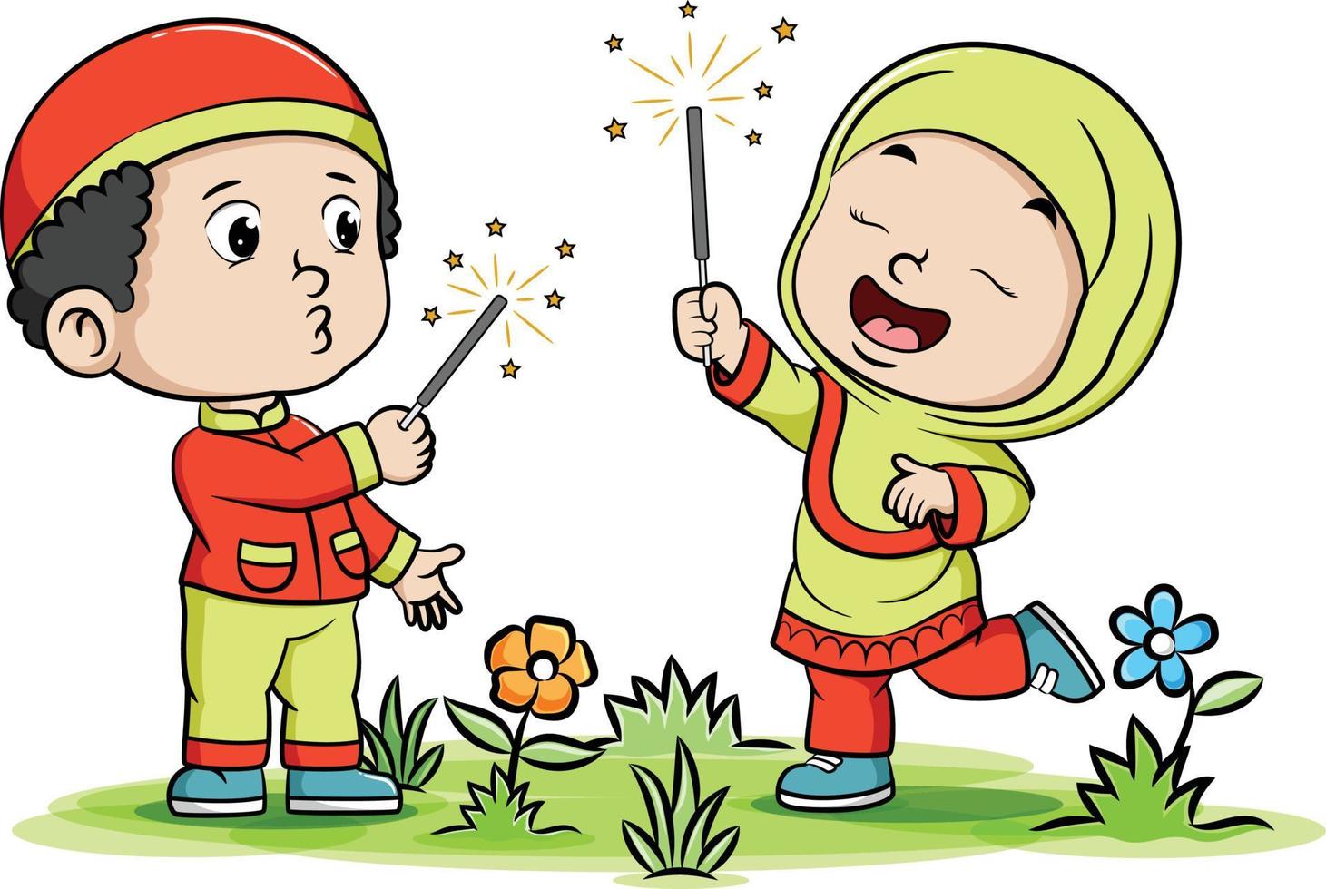 i bambini musulmani accendono i fuochi d'artificio nella notte del ramadhan vettore